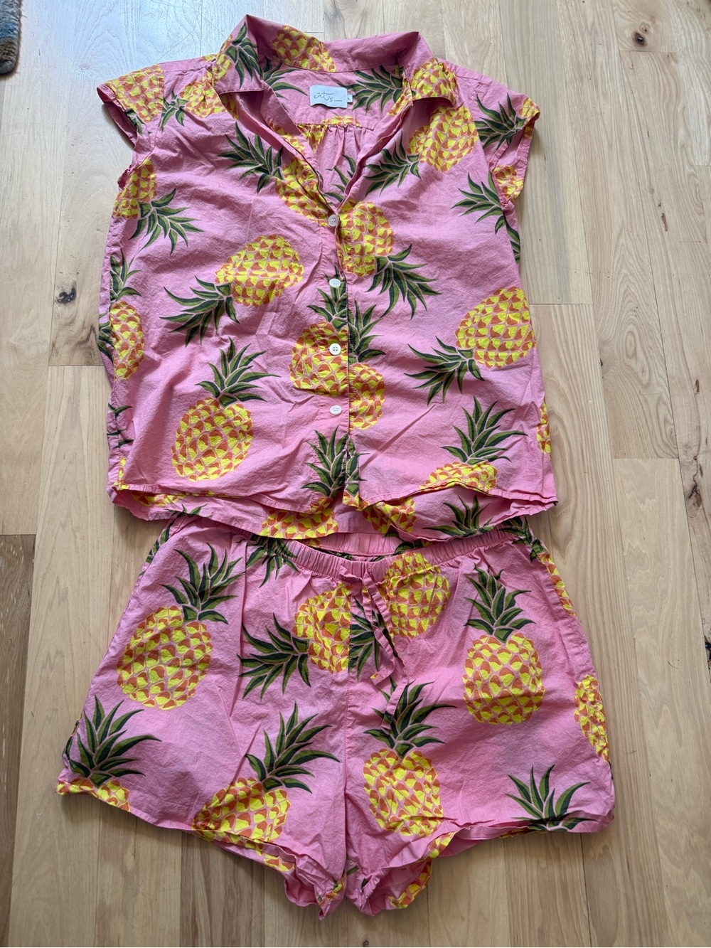 The Cat's Pajamas Pineapple Pajama Set Women Pink 100% Cotton Top L Bottom XL